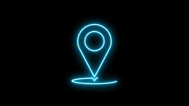 4K animation footage of Neon blue location pin icon with glowing waves on black background
