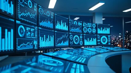 Multiple blue digital screens showing graphs and charts in a modern data center at night with cityscape view. - Powered by Adobe