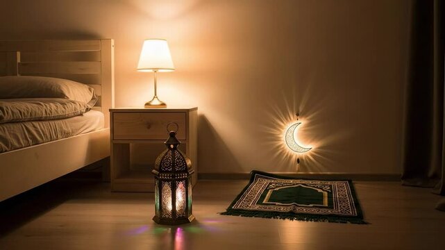 A serene bedroom setting with soft lighting featuring a bed, a bedside table with a lamp, a decorative crescent moon wall light, and an ornate lantern with a prayer rug on the wooden floor.