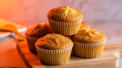 Delicious homemade muffins stacked on wooden cutting board