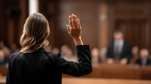 Witness taking oath in courtroom with raised hand, other figures and courtroom visible
