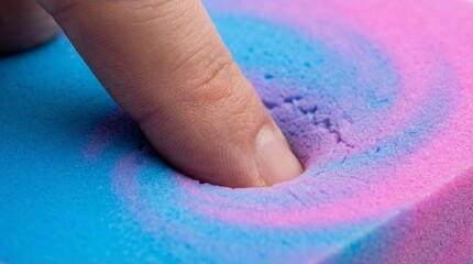 Macro shot of finger pressing into blue and pink memory foam