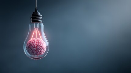 3D render of a human brain replacing the filament inside a glowing light bulb, radiating light on blue gradient background, symbolizing intelligence, creativity, and innovative neural thought