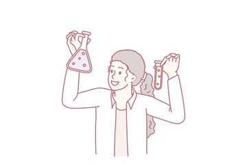 Science chemistry and research concept. Smiling woman chemist in white uniform standing holding flasks for tests in laboratory vector illustration