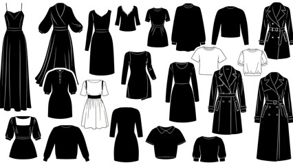 Women fashion clothing collection black silhouettes vector illustration set elegant dresses shirts sweaters coats outerwear trousers jackets blouses diverse