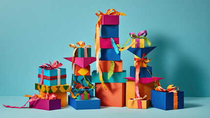 A joyful pile of colorful gift boxes tied with playful ribbons, evoking childhood excitement and wonder.
