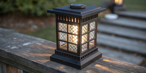 Elegant black solar-powered lantern illuminating a wooden deck rail at dusk