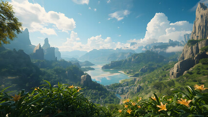 Breathtaking fantasy landscape with mountains, river, and lush greenery