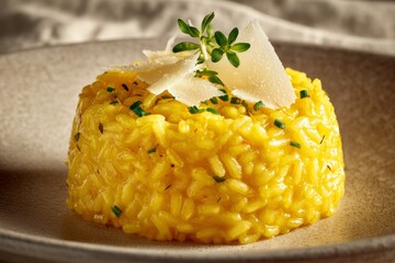 Close-up of Risotto Milanese, creamy yellow with parmesan, thyme. Warm, inviting feel. Concept of saffron rice sauce, Italian festive dish made for special occasions.