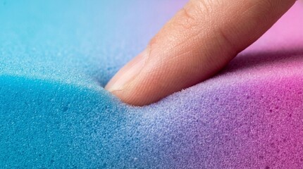 Finger pressing into soft colorful sponge macro
