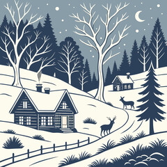 Winter Wonderland Cozy Cabins and Wildlife in Snowy Landscape.