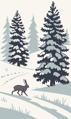 Winter Wonderland Hare in Snowy Forest Landscape.