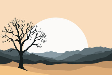 Minimalist barren tree silhouette against large setting sun, layered gray mountains, beige foreground landscape, flat vector illustration evoking solitude, hope and nature's quiet resilience © Snezana