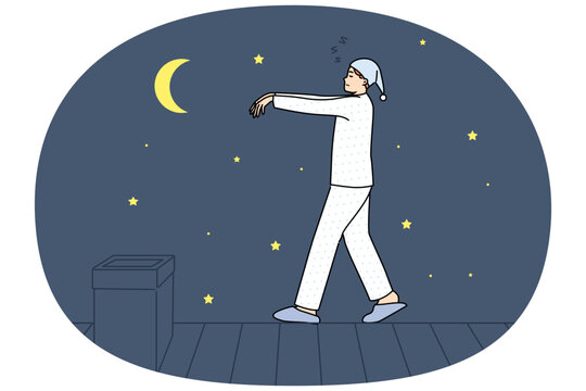 Sleepwalking man walks on roof of house at night, walking in unconscious state due to disease somnambulism. Sleepwalking guy in funny pajamas and cap risks falling from height and getting injured