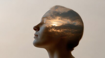 Human head silhouette with sunset sky interior
