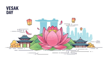 Vesak Day Celebration: Lotus, Temples, Lanterns, and Skyline