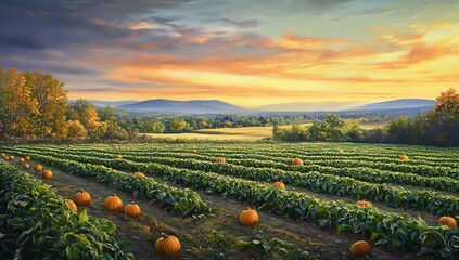 Expansive New England farm field with rows of ripe pumpkins under a vibrant sunset sky pumpkin patch