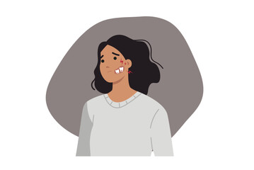 Woman suffers from tooth pain and caries, which causes inflammation of cheeks and gums in mouth. Girl needs help of dentist and trip to dental clinic to treat tooth pain while eating.