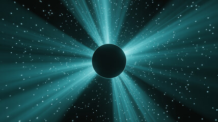 Stunning celestial scene with dark planet surrounded by vibrant blue light rays and stars in space