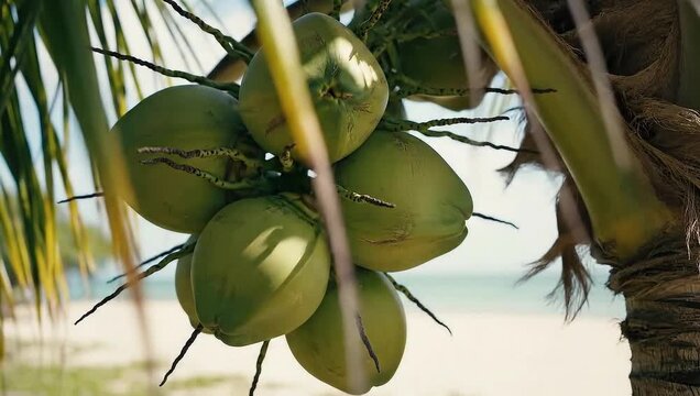 A bunch of fresh organic coconuts grows on a tropical tree branch amidst lush green leaves and nature, showcasing healthy agriculture and summer plant growth