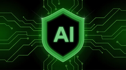AI shield protecting digital security with green circuit background