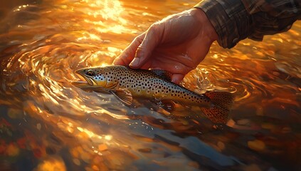 Fisherman releasing a spotted brown trout into shimmering golden water at sunset fly fishing hand