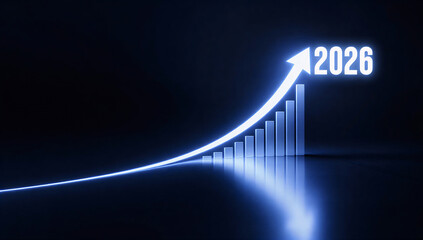 A glowing blue bar graph with an upward trend arrow pointing to the year 2026 in a dark background