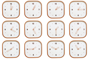 Minimalist grid of twelve square clocks showing 01:00 to 01:55 or 13:00 to 13:55 isolated on white background.