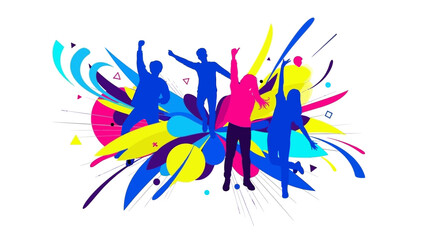 Joyful People Celebrating with Colorful Abstract Shapes