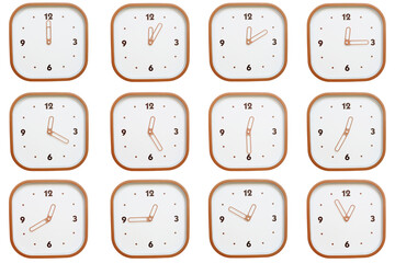 Minimalist grid of twelve square clocks showing 00:00 to 00:55 or 12:00 to 12:55 isolated on white background.