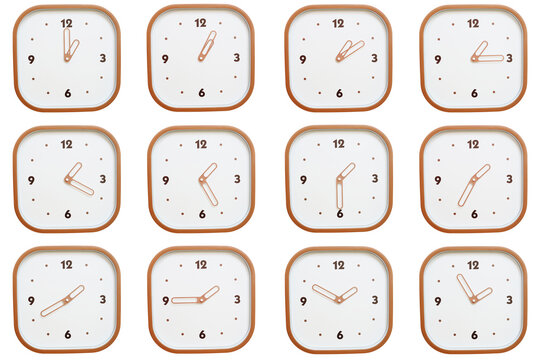 Minimalist grid of twelve square clocks showing 01:00 to 01:55 or 13:00 to 13:55 isolated on white background.