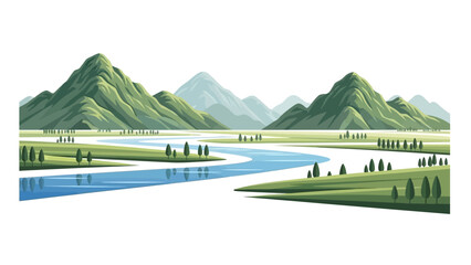 Serene Mountain Landscape with Winding River and Green Hills