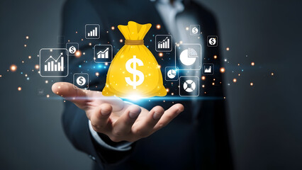 Businessman holding a money bag with financial graphs and charts