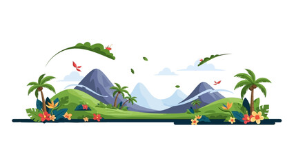 Vibrant Tropical Landscape with Mountains and Palm Trees