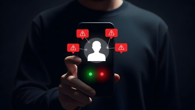A person holding a smartphone with a glowing profile icon and notification symbols - Powered by Adobe