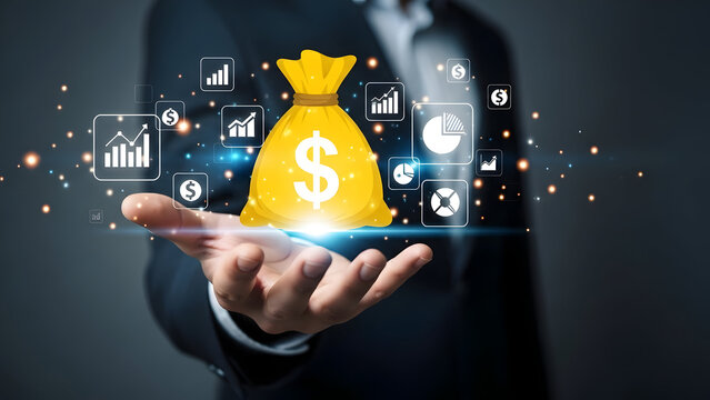 Businessman holding a money bag with financial graphs and charts - Powered by Adobe