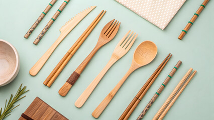 Sustainable bamboo and wooden dining utensils laid out on a clean light green surface