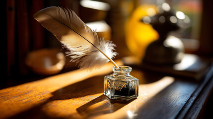 inkwell. A vintage desk featuring a feather quill and inkwell, illuminated by warm side lighting. real-estate listings.