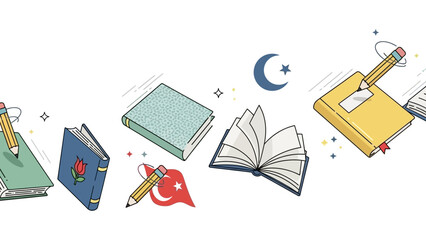Books, Pencils, Turkish Flag, Crescent Moon & Stars - Education Concept