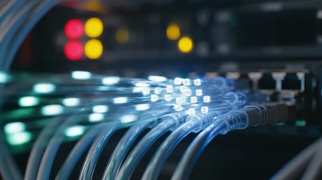 illuminated fiber cables, brightly lit fiber optic profiles plugged into communication switch hardware, highspeed data transfer scene with colorful led indicators illuminating modern server