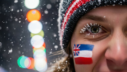 A woman with a painted flag on her cheek wearing a winter hat in the snow