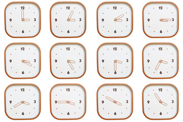 Minimalist grid of twelve square clocks showing 03:00 to 03:55 or 15:00 to 15:55 isolated on white background.