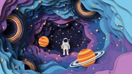 Astronaut exploring vibrant cosmic landscape with planets and stars