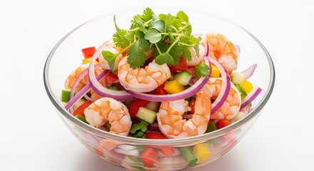 Delicious shrimp salad with fresh vegetables in a glass bowl