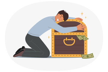 Man investor hugs chest of money, rejoicing at accumulation of large capital through trading. Successful investor guy got rich by trading shares on stock exchange and became millionaire