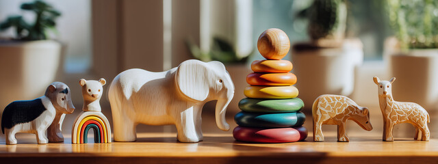 Whimsical wooden toy collection displayed on a shelf