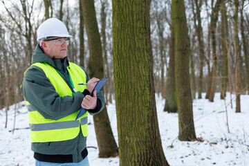 Ecologist inspecting trees and records data.	Environmental engineer, forester checking tree health in the forest. Analyzing and recording ecological data for forest management and conservation. 