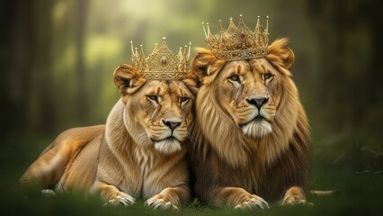 Majestic lion and lioness wearing crowns in forest