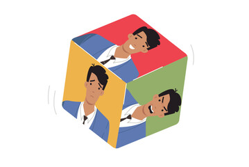 Emotional man on different dice dice, for concept of chaotic emotions and bipolar disorder in behavior. Good and evil businessman treats colleagues and partners differently due to changes in emotions