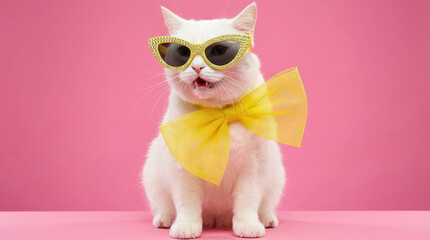 A white cat wearing yellow jeweled sunglasses and a large yellow bow poses on a pink background with a playful open mouth expression